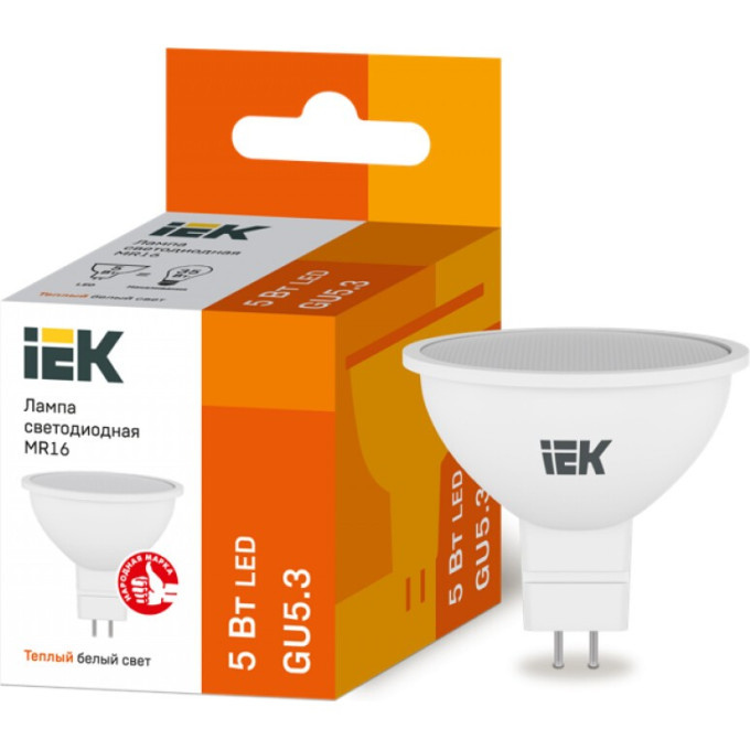 Лампа светодиодная IEK MR16 софит 5Вт 230В 3000К GU5,3 - LLE-MR16-5-230-30-GU5